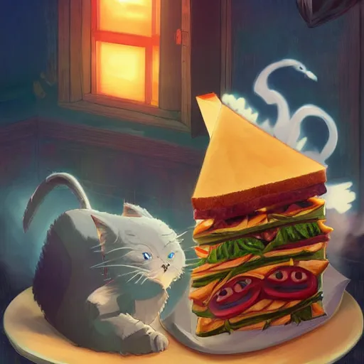 Prompt: giant carnivorous sandwich chasing the scared cat, artstation hq, dark phantasy, stylized, symmetry, modeled lighting, detailed, expressive, true unsimulated emotions, created by hayao miyazaki