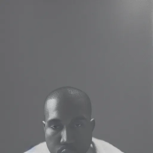 Image similar to a chiaroscuro lighting portrait of kanye west dressed as rick owens, black background, portrait by julia margaret cameron, shallow depth of field, 8 0 mm, f 1. 8