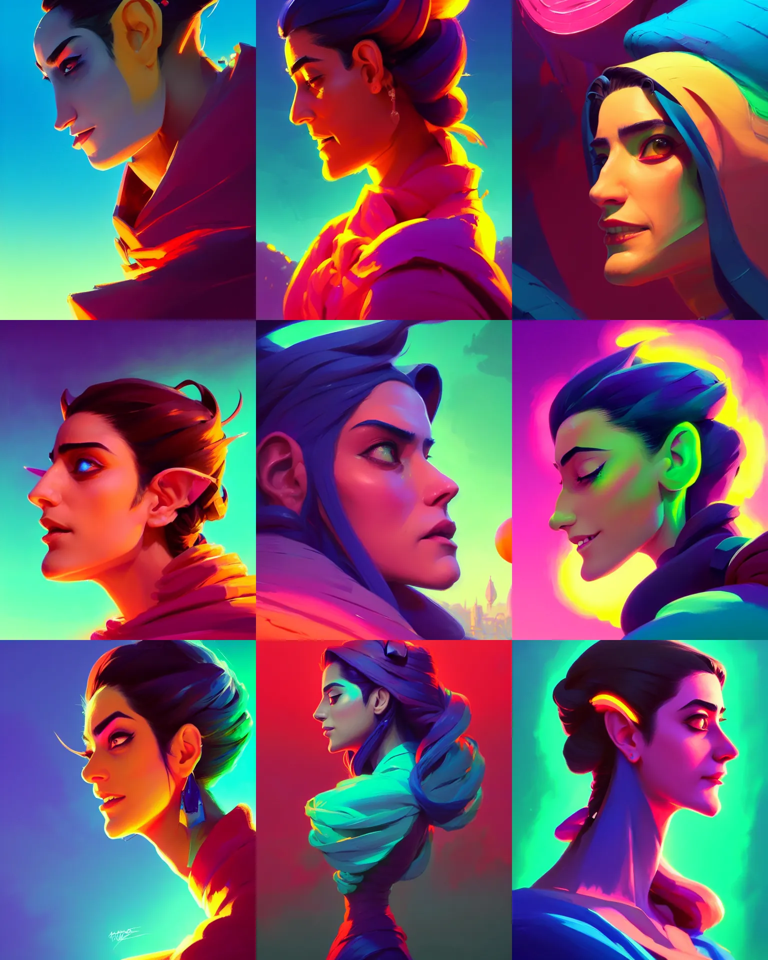 Prompt: side - profile painted portrait, maya ali as a sorcerer, specular highlights, smooth, gaudy neon colors, octane render, matte painting concept art, official fanart behance hd artstation by jesper ejsing, by rhads and makoto shinkai and lois van baarle and ilya kuvshinov and rossdraws