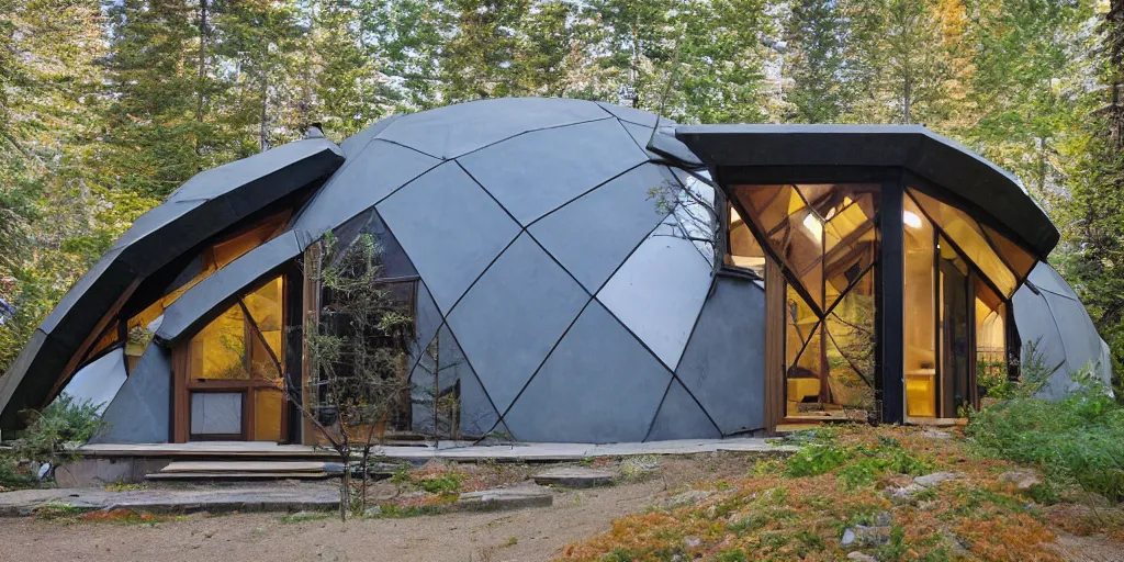 Image similar to large geodesic dome residence, pacific northwest, cedar and white concrete, many windows, triangular elements designed by frank lloyd wright and olson kundig