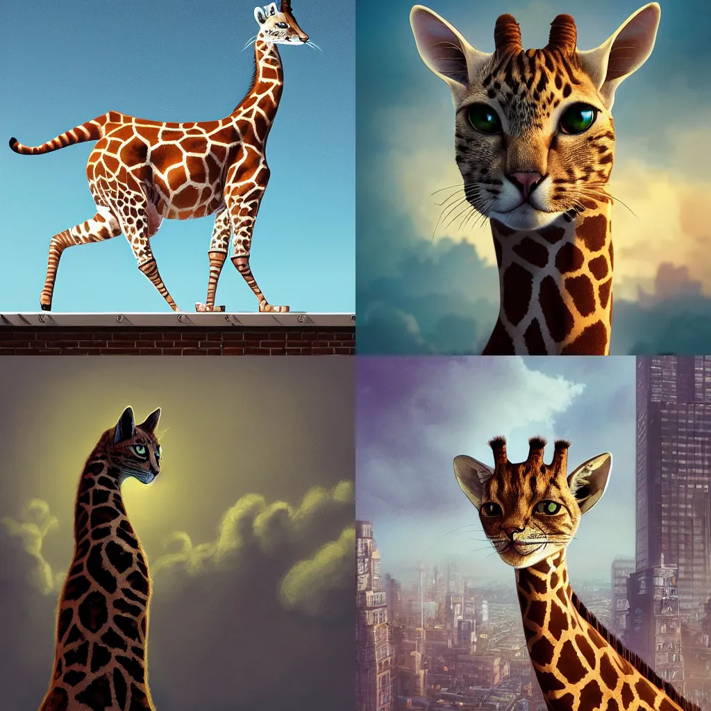 Prompt: a cat as giraffe standing on the rooftop, giraffe head, fantasy, illustration, intricate, epic lighting, cinematic composition, hyper realistic, 8 k resolution, by artgerm, tooth wu, dan mumford, beeple, wlop, rossdraws, james jean, andrei riabovitchev, marc simonetti, yoshitaka amano, artstation