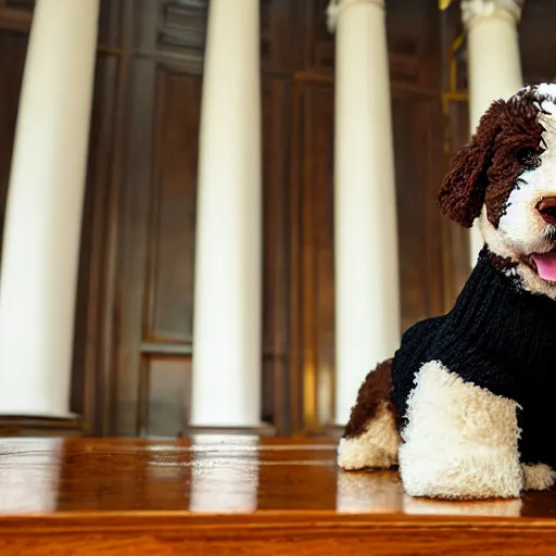 Image similar to a closeup photorealistic photograph of a cute smiling knitted bernedoodle judge dog dressed in a black gown, presiding over the courthouse. indoor image, professional capture, well lit shot. this 4 k hd image is trending on artstation, featured on behance, well - rendered, extra crisp, features intricate detail, epic composition and the style of unreal engine.