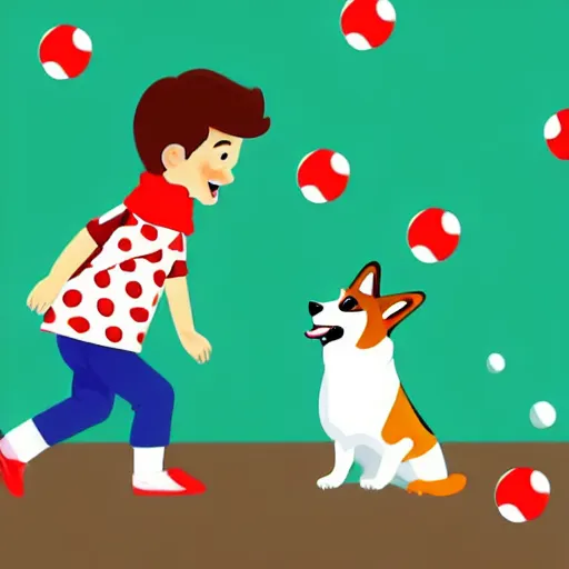 Image similar to illustration of french boy playing football with a corgi who is wearing a polka dot scarf