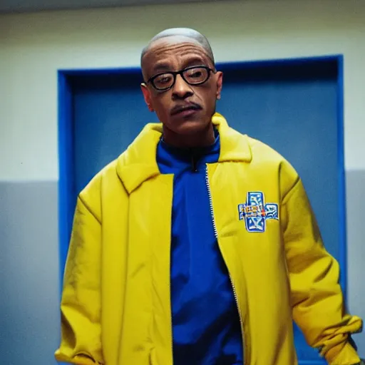 Image similar to gus fring in a blue varsity jacket with yellow sleeves, still from breaking bad