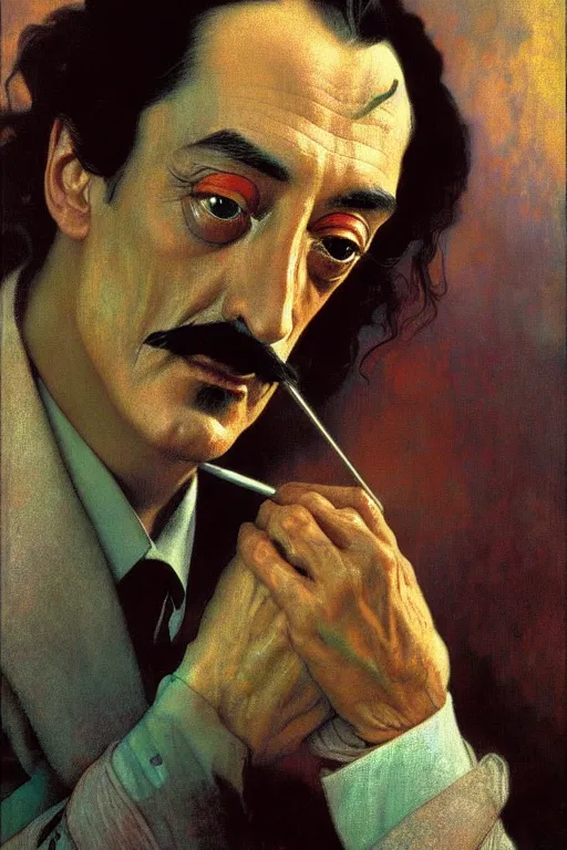 Prompt: Salvador Dali soft self-portrait. colorlpunk art and illustration by tian zi and craig mullins and WLOP and alphonse mucha, fantasy, intricate complexity, hyperrealism 8k