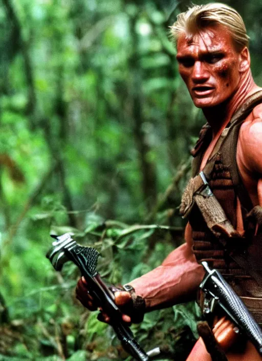 Image similar to film still of Dolph Lundgren as Dutch in Predator, 4k