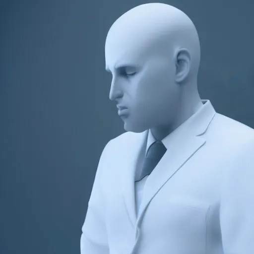 Image similar to a man with the head of a tv screen wearing white suit in the woods, cinema 4d, cinematic lighting, fog