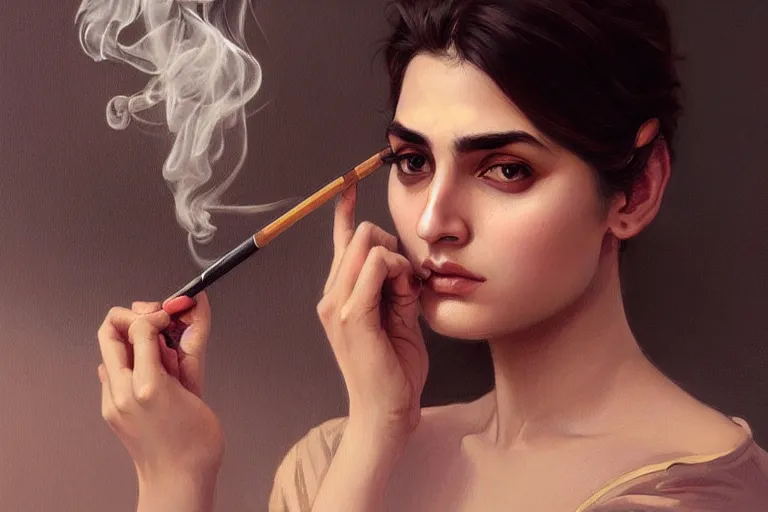 Image similar to Anxious good looking pale young Indian doctors smoking, portrait, elegant, intricate, digital painting, artstation, concept art, smooth, sharp focus, illustration, art by artgerm and greg rutkowski and alphonse mucha