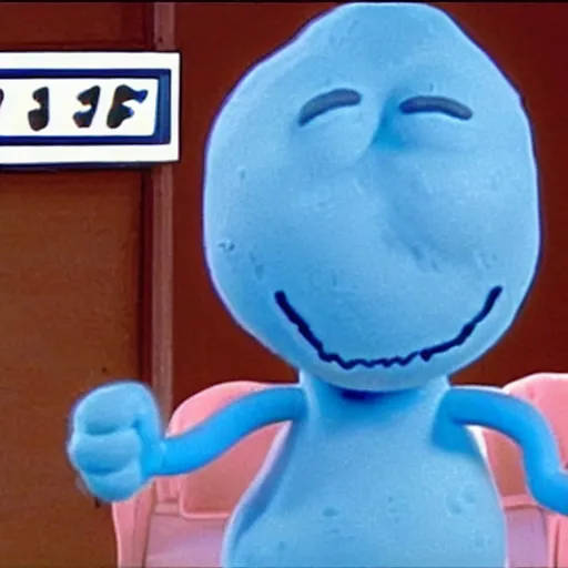 Image similar to still image of hyper realistic mr. meeseeks as a guest star on seinfeld, cinematic ( 1 9 9 4 )