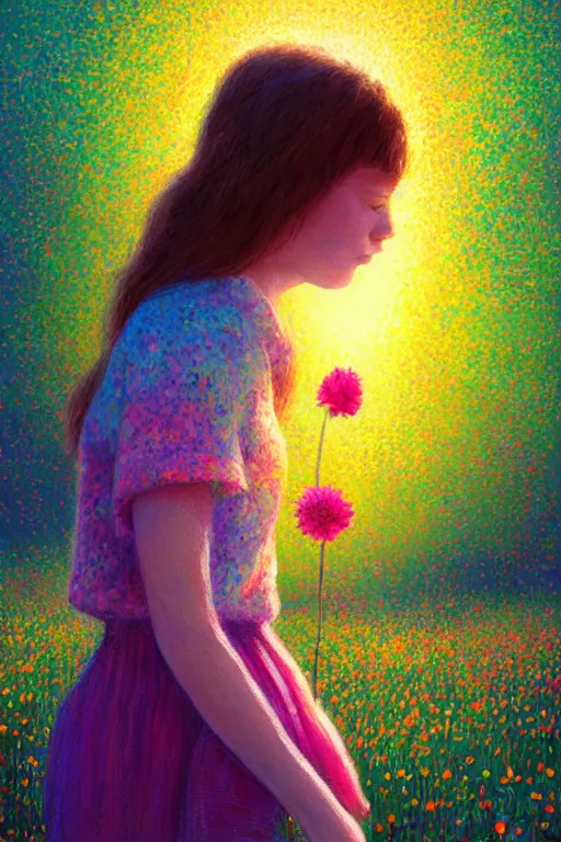 Image similar to girl with big flower as a face, standing in a flower field, big trees, sunrise dramatic light, impressionist painting, colorful clouds, digital painting, pointillism, artstation, simon stalenhag