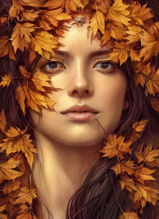 Prompt: golden leaves at frame border, creative!!! composition for a book cover, absurdly beautiful, ultrafine hyperrealistic detailed witch face by wlop and artgerm and greg rutkowski, intricate linework, sharp focus, smooth, octopath traveler, final fantasy, unreal engine, dramatic lighting, ethereal, 8 k