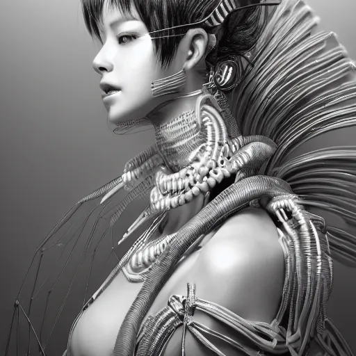 Image similar to the portrait of an absurdly beautiful, graceful, elegant, sophisticated, fashionable cyberpunk gravure idol, an ultrafine hyperdetailed illustration by kim jung gi, irakli nadar, intricate linework, bright colors, porcelain skin, unreal engine 5 highly rendered, global illumination, radiant light, detailed and intricate environment