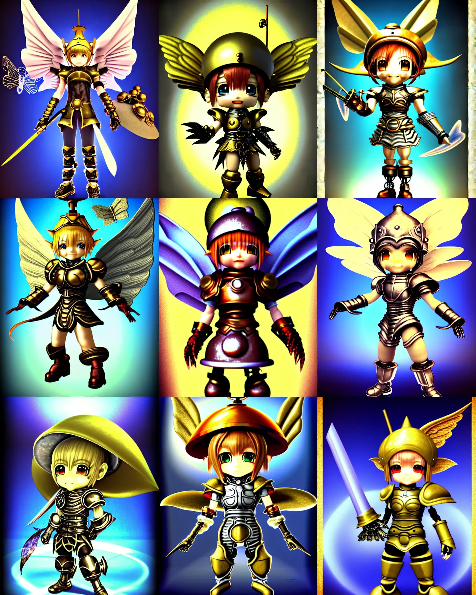 Prompt: vintage cgi 3 dimensional render poster of chibi cyborg knight in the style of micha klein final fantasy ix by ichiro tanida wearing a big bell hat and wearing angel wings against a psychedelic swirly background with 3 d butterflies and 3 d flowers n the style of 1 9 9 0's cgi renders 3 d rendered by micha klein lightwave