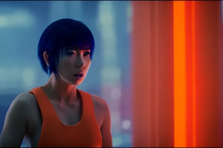 Image similar to major motoko wearing an orange prison jumpsuit, a giant blue hologram of a screaming child in the background, photography by fred palacio medium full shot still from bladerunner 2 0 4 9, sci fi, bladerunner, canon eos r 3, f / 3, iso 2 0 0, 1 / 1 6 0 s, 8 k, raw, unedited