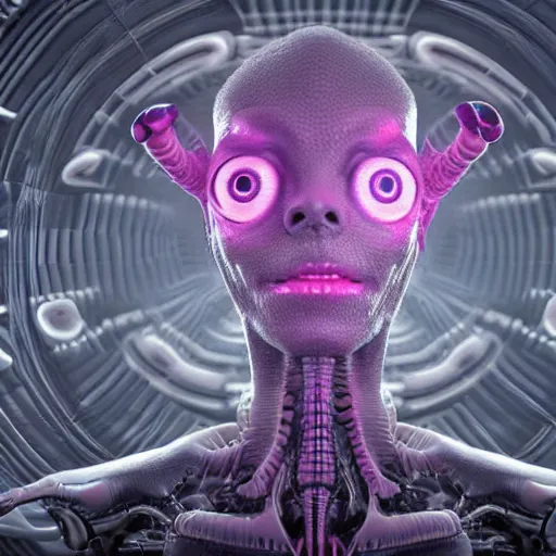 Image similar to a fractal alien humanoid with a thousand eyeballs, octane render, 4 k, 3 d, ultra realistic