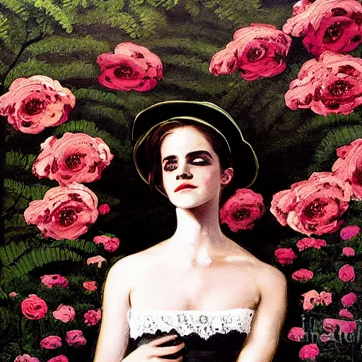 Prompt: painting hanging on wall full body fashion model emma watson by Winslow Homer smokey eyes makeup eye shadow fantasy, glow, shimmer as victorian woman in a long white frilly lace dress and a large white hat having tea in a sunroom filled with flowers, roses and lush fern flowers ,intricate, night, highly detailed, dramatic lighting , high quality