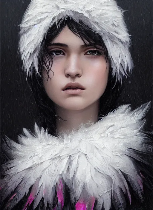 Image similar to a teenage girl with very short black and pink hair and a huge cloak made of grey and black feathers. beautiful highly detailed face. beautiful painting by artgerm and greg rutkowski and raymond swanland, detailed portrait, closeup
