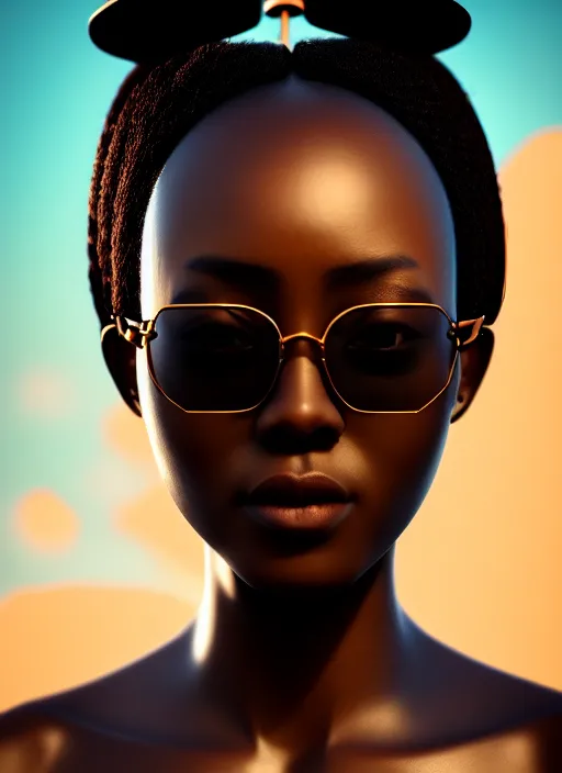 Image similar to attractive female portrait of african samurai, wearing shades, wearing gui, amber sky cloud background, rule of thirds, uplight, intricate, symmetrical!!, depth of field, cinematic, filmic, vsco, concept art, artstation, digital painting, elegant, epic, focus, octane render, vray render, arnold render,