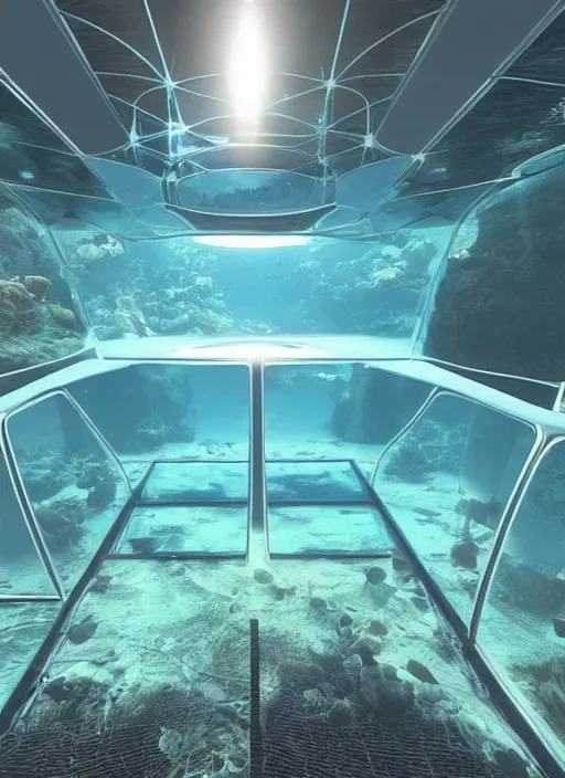 Prompt: a futuristic sci - fi underwater chamber with mirrored walls