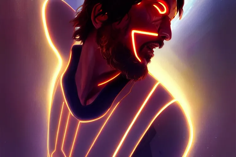 Image similar to tron legacy jesus playing basketball, face, diffuse lighting, hyper realistic, concept art, intricate, hyper detailed, smooth, sharp focus, illustration, artstation, art by greg rutkowski and james gurney and alphonse mucha