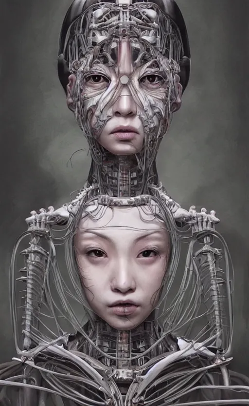 Image similar to beautiful Japanese girl is an unsettling scary terrifying bio mechanical cyborg post human, physically accurate, dramatic dynamic lighting, intricate, elegant, highly detailed, digital painting, artstation, very hyperrealistic, very very very HR GIGER, very Bensinski, Hieronymus Bosch, Francis Bacon, smooth, sharp focus, art by artgerm and greg rutkowski and alphonse mucha