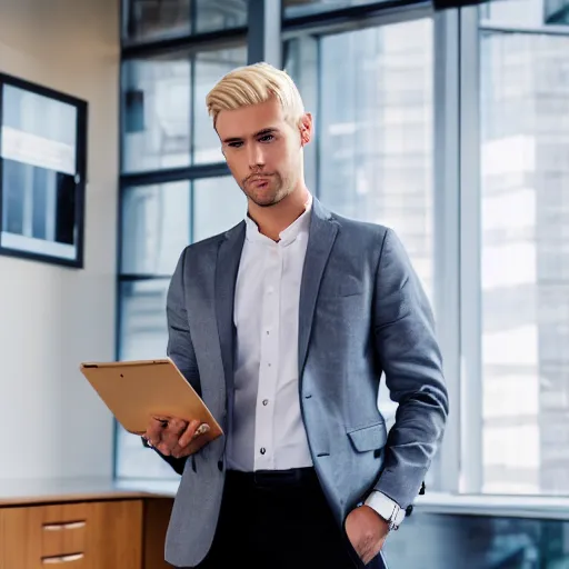Prompt: A photo of a man, blonde hair, casual business outfit, office room interior, scars
