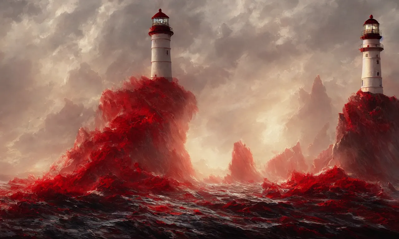 Prompt: a beautiful painting of a lighthouse shining it's light across a violent tumultuous sea of red blood by John Blanche and Greg Rutkowski, trending on Artstation, midjourney