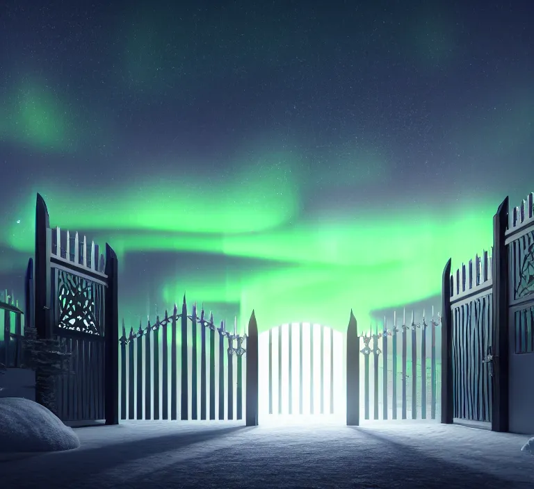 Image similar to a very detailed concept art of intricate and minimalistic gates to aurora borealis, trending on artstation, symmetry, digital art, 4 k, hyper realistic, octane render, sharp focus