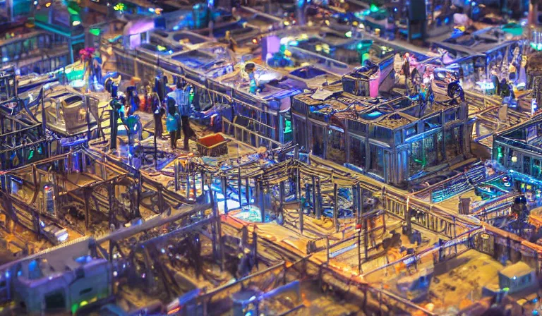 Image similar to crane shot of large group people in open warehouse, looking at hologram of futuristic city on a table, cinematic concept, godrays, golden hour, natural sunlight, 4 k, clear details, tabletop model buildings, tabletop model, ethereal hologram center, crane shot, crane shot, rule of thirds, people, people, tabletop