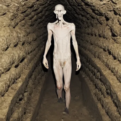 Image similar to creepy, incredibly tall, skinny and pale creature lurking in the catacombs and smiling at the camera captured on film camera