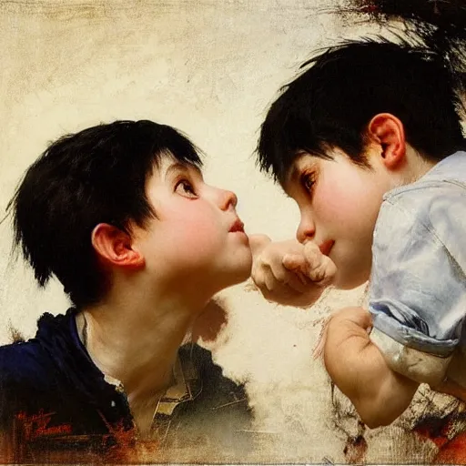 Image similar to twin brothers with black hair and blue eyes play fighting. Ruan Jia. Norman Rockwell . Karlkka