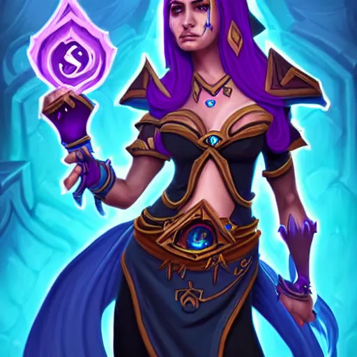 Prompt: Full body illustration of a sorceress, Hearthstone official trending art, exagerated accurate details, trending on MasterpieceStation in category 'Perfect identical eyes'