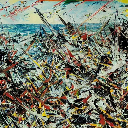 Image similar to battle of cape ecnomus, in the style of jackson pollock