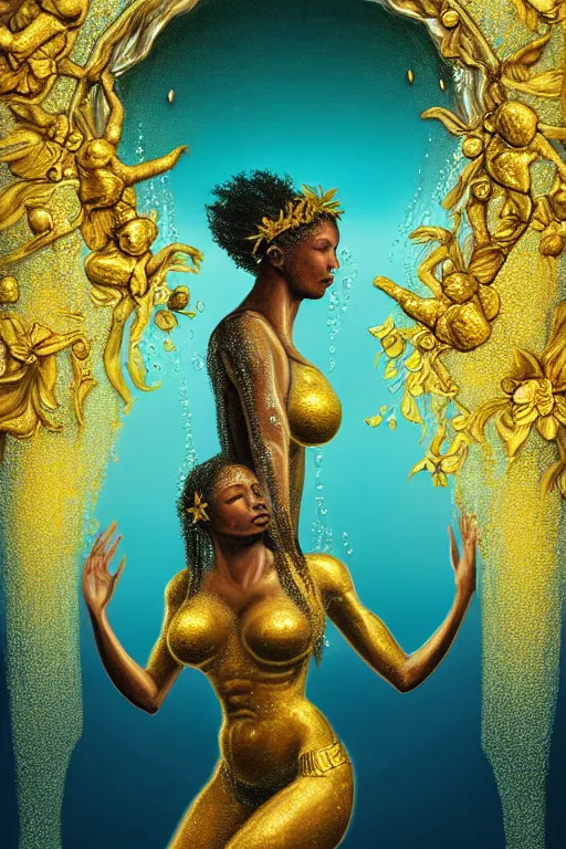 Prompt: illustration neo - renaissance cinematic super expressive! oshun goddess with water armor, staring at herself in a liquid mirror, gold flowers, highly detailed digital art masterpiece, smooth etienne sandorfi eric zener dramatic pearlescent soft teal light, ground angle uhd 8 k, sharp focus