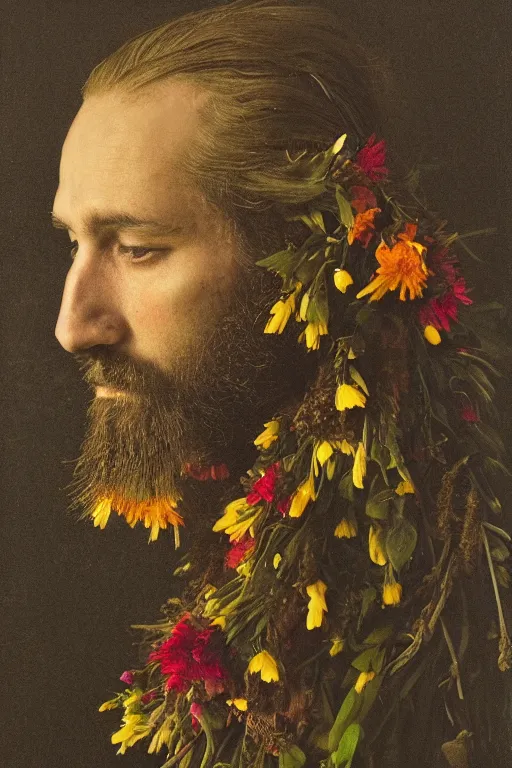 Prompt: a man's face in profile, long beard, made of flowers and fruit, in the style of the Dutch masters and Gregory crewdson, dark and moody, melancholy