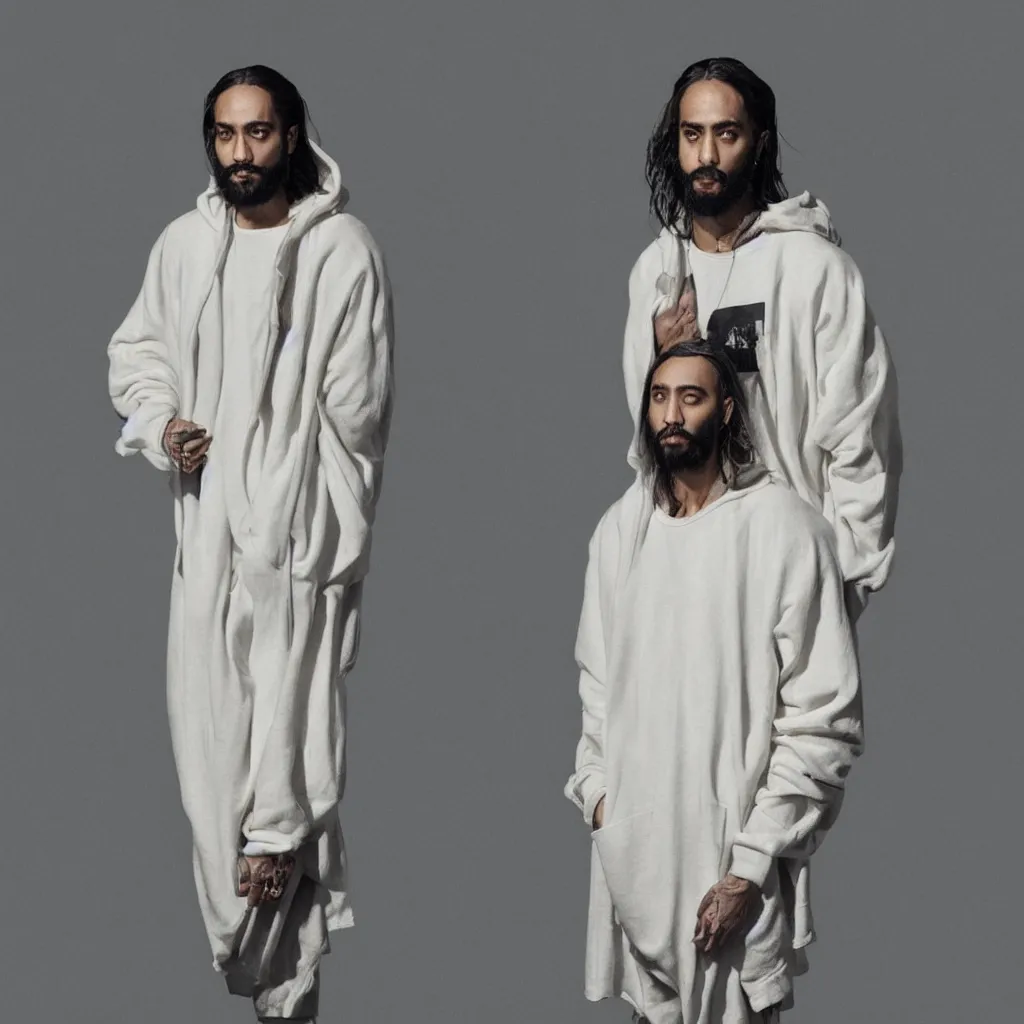 Image similar to a full body lookbook portrait of modern - day jesus wearing cream jerry lorenzo fear of god menswear collection by nicola samori, hat and hoodie, detailed, oil painting, hyper realistic, 8 k, yeezy collection