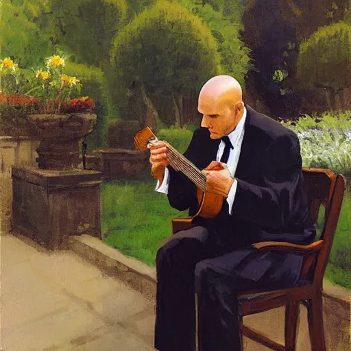 Image similar to a portrait of agent 4 7 from hitman playing a guitar in a monestary garden next to an elderly priest, by gregory manchess, james gurney, james jean