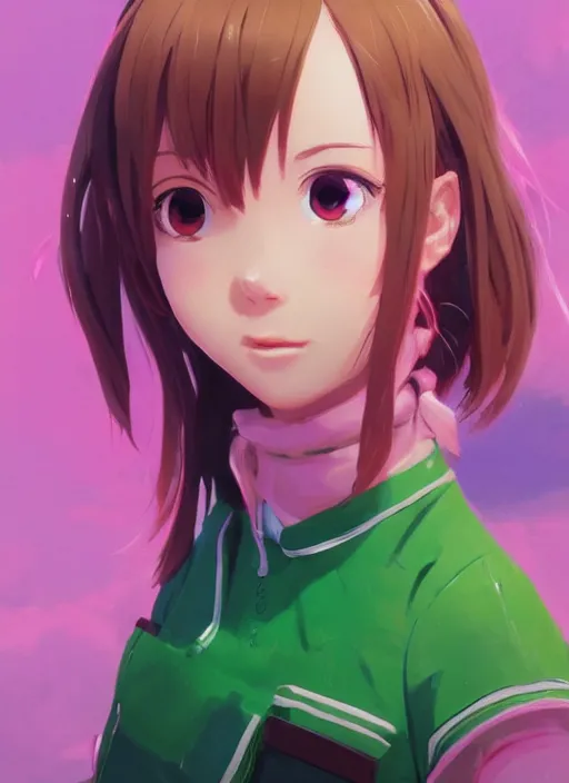 Image similar to a beautiful woman wearing pink school girls unform, bright colors, highly detailed, green ocean background, concept art, matte, trending on artstation, anime, art by wlop and artgerm and greg rutkowski, ilya kuvshinov, strong strokes, photo of asuna from sao