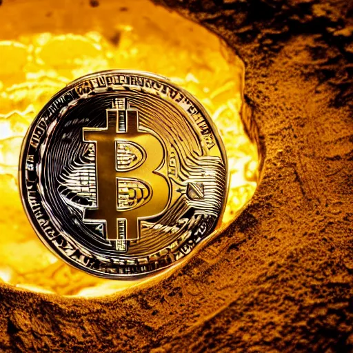 Prompt: a high resolution photoreal hdr render of a pile of bitcoins melting into gold flow into a crucible which is cracked and leaking into a desert as a metaphor global warming