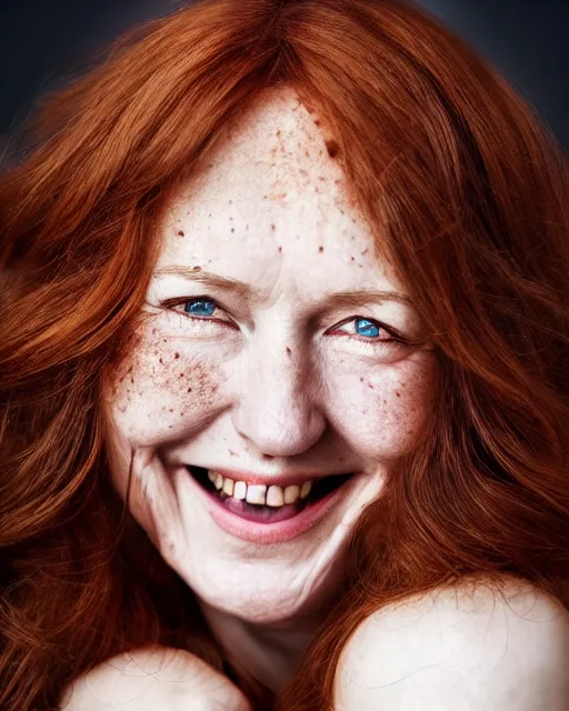 Prompt: lovely giggling adult woman character portrait, by peter morbacher, long wavy auburn hair, stunning eyes, light freckles, highly detailed, dynamic shadows, 4 k, splash art