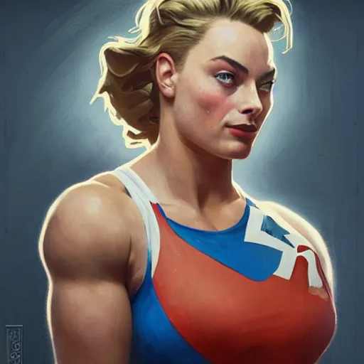 Image similar to socialist realism propaganda poster of margot robbie as beautiful female very muscular weightlifter from overwatch, portrait, profile picture, socialist realism, highly detailed, intricate, digital painting, artstation, sharp focus, illustration, art by jakub rozalski, greg rutkowski, artgerm, tan zi and ayanamikodon and alphonse mucha and wlop