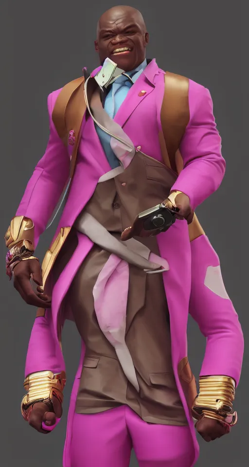 Image similar to doomfist, pink blazer, overwatch game, digital art, high detailed, artstation, octane render