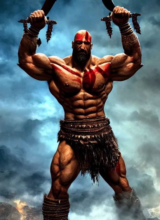 Image similar to a highly detailed beautiful 3 5 mm closeup photo of dwayne johnson kratos hybrid god of war holding a sword and fighting zombies on a pile of human skulls, spartan warrior, olympian god, muscular!, frank frazetta, boris vallejo, action pose, ambient lighting, volumetric lighting, octane, fantasy