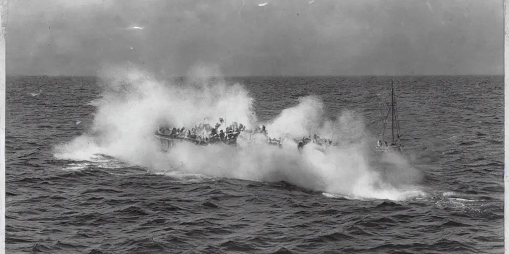 Image similar to a boat being attacked by a sea serpent the sailors are fighting it, 1 9 0 0 s photograph