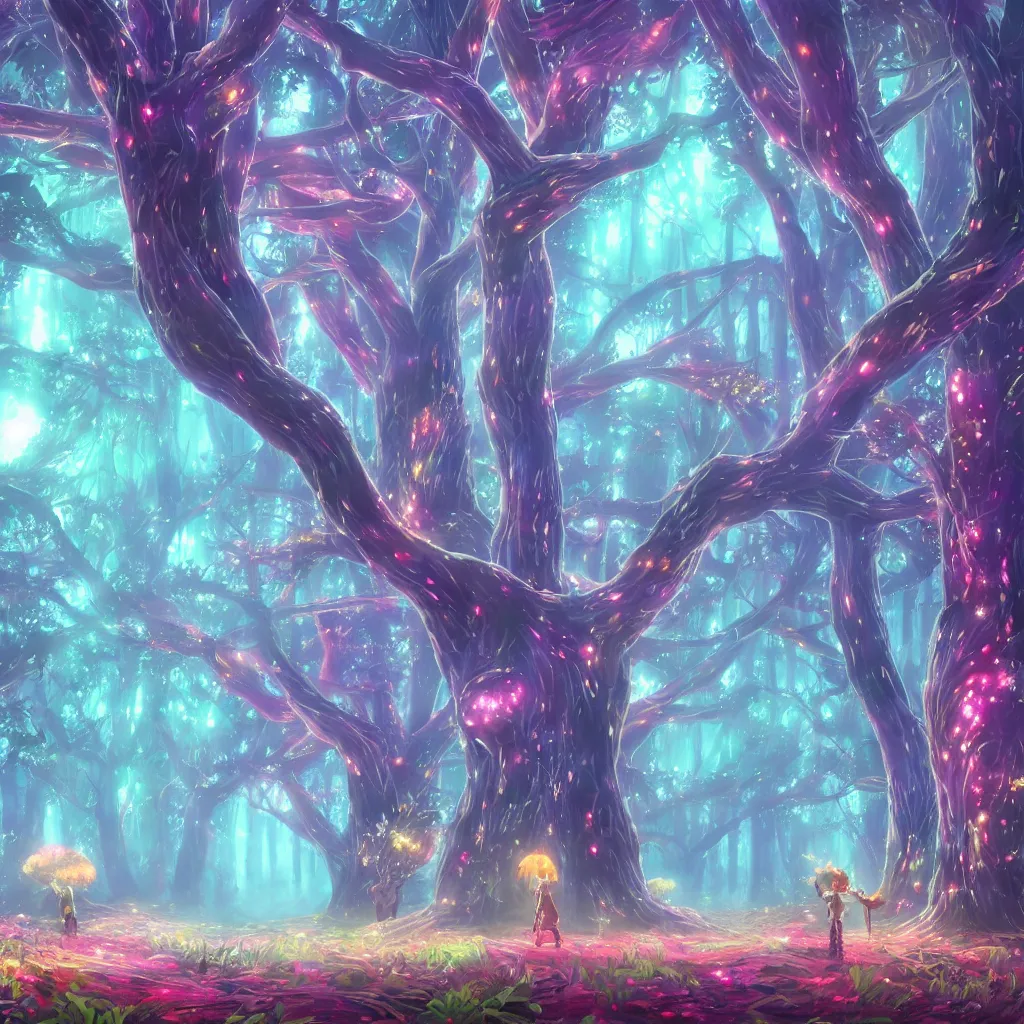 Image similar to huge trees, misty nighttime. radiating colorful energy. photorealistic, moody atmosphere, volumetric shading, holographic undertones, intricate and detailed, vivid dreamlike colors. ori and the blind forest, breath of the wild style, by miyazaki ghibli!!!. trending on artstation. award winning, daily deivation. pastel!! pink accents.