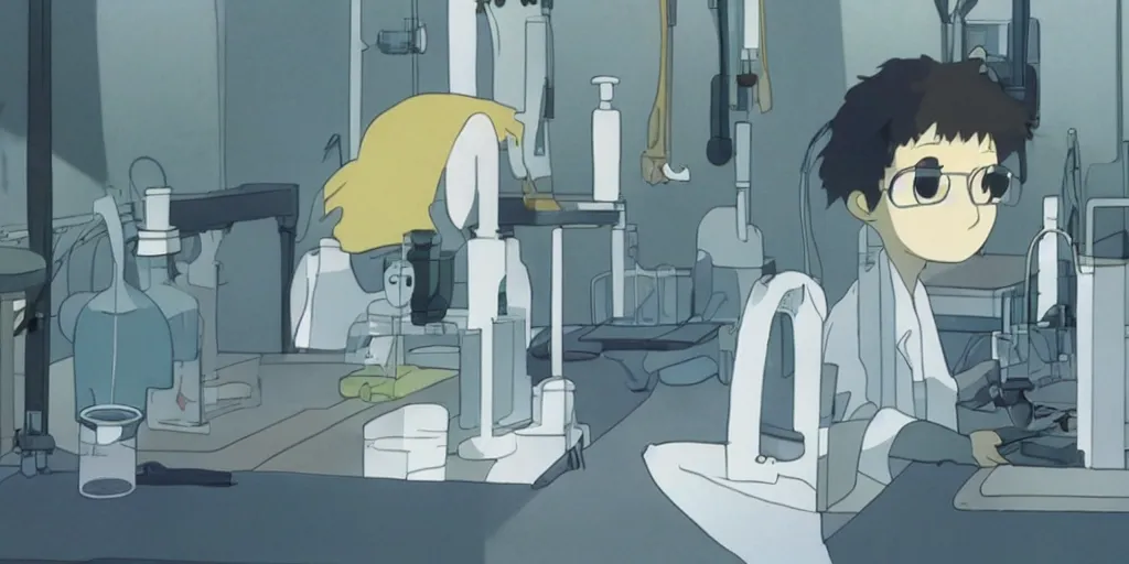 Image similar to a very dull interior shot still from ponyo ( 2 0 0 8 ) of a young skinny scientist alone in his lab. close up on the faces, perfect art, grimdark, trending on pixiv fanbox, painted by studio ghibli