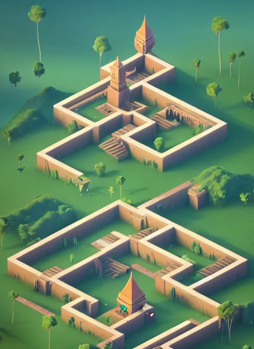 Image similar to a low poly isometric render of a kerala village in the style of monument valley, intricate, elegant, smooth, illustration, simple, solid shapes, by peter mohrbacher, phil noto, octane render