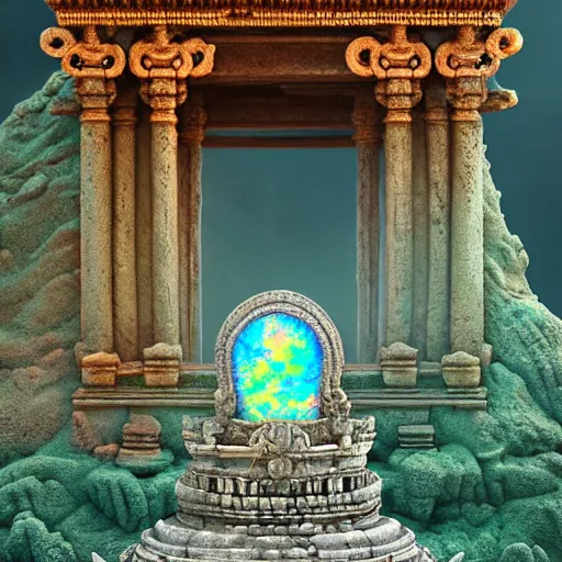 Image similar to ancient temple made of opal carved in opal, desolate and lush landscape, moody, :: by Jeff Koons, Dan McPharlin Daniel Merrian :: ornate, dynamic, particulate, rich colors, intricate, elegant, highly detailed, centered, artstation, smooth, sharp focus, octane render, 3d