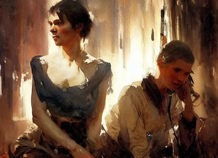 Image similar to oil watercolor painting of young rugged woman in western bar, shaven stubble, short hair, mysterious light, art by anders zorn, wonderful masterpiece by greg rutkowski, beautiful cinematic light, american romanticism by greg manchess, creation by tyler edlin