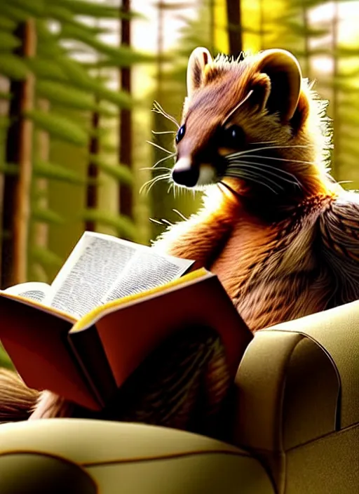 Image similar to A beautiful scene from a 2022 Marvel film featuring a humanoid pine marten in loose clothing reading on a couch. An anthropomorphic pine marten wearing a white shirt. Golden hour.